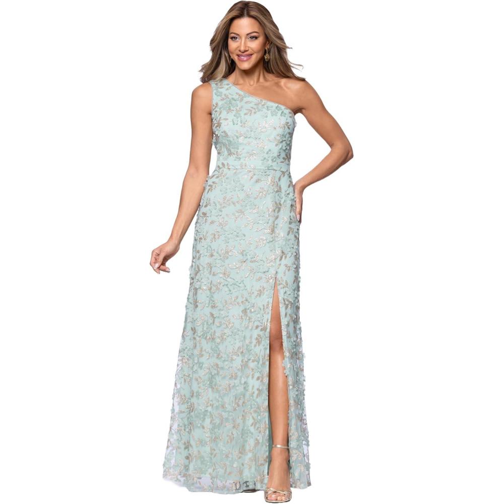 image:imageXscape Womens 3D Flowers One Shoulder Floor Length DressSageGold