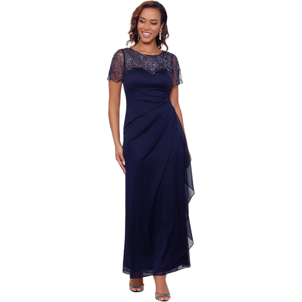 image:imageXscape Womens Long Beaded Sequin Illusion Neckline Jersey Dress Reg and PetiteNavy