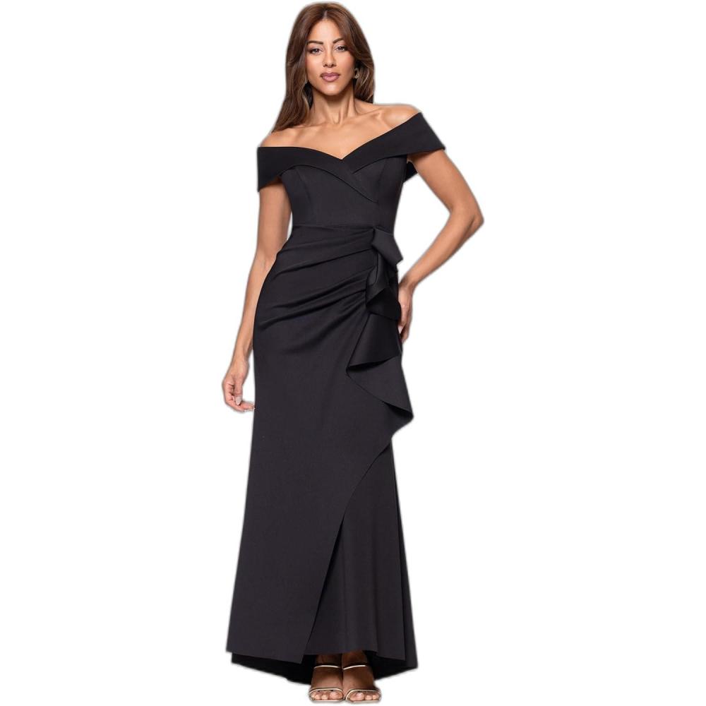 image:imageXscape Womens Long Off Shoulder Sweetheart Neck Side Ruffle GownBlack