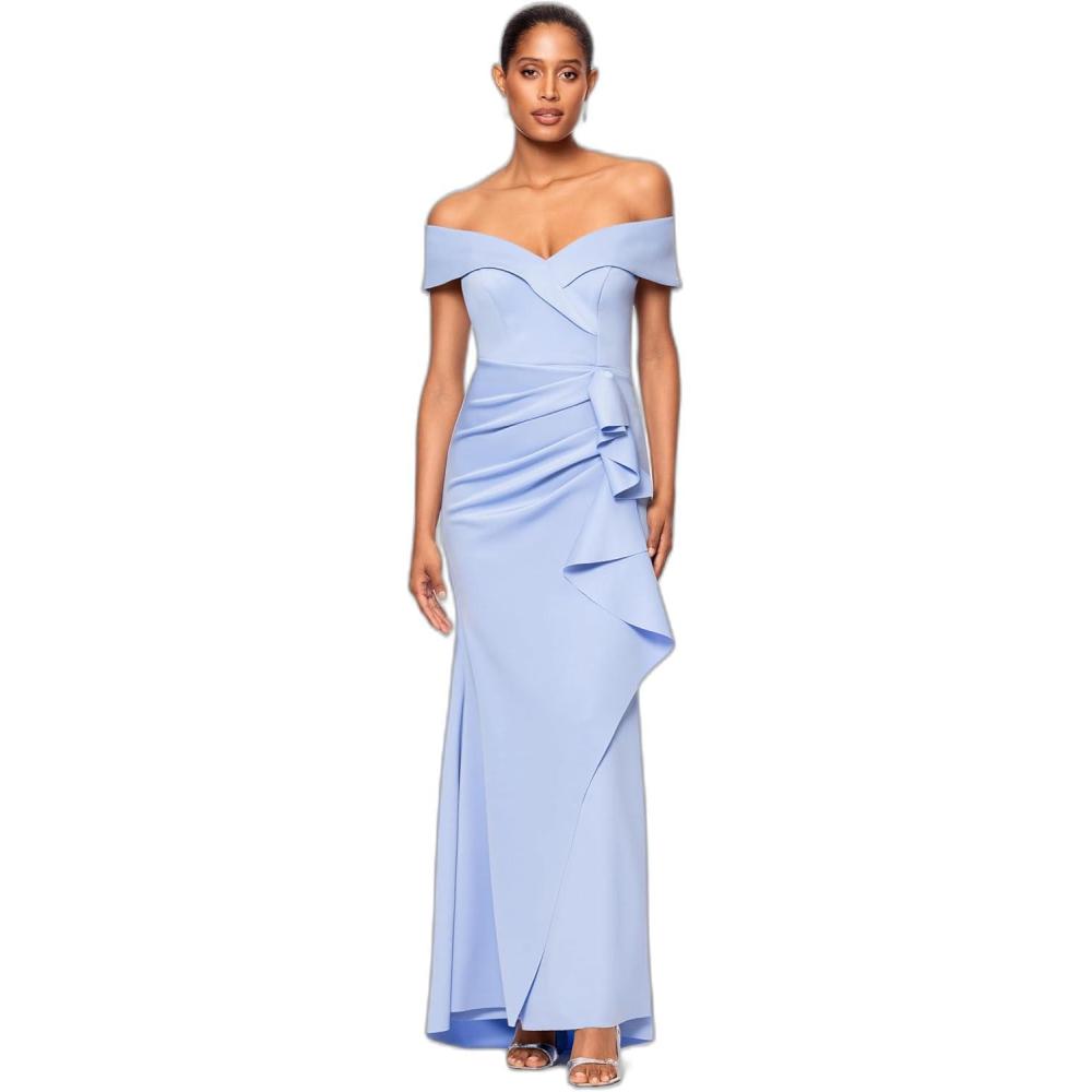 image:imageXscape Womens Long Off Shoulder Sweetheart Neck Side Ruffle GownPeriwinkle