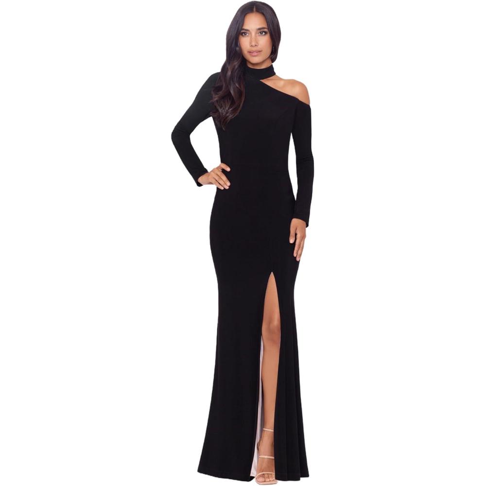 image:imageXscape Womens Long Sleeve One Shoulder Cutout DressBlackNude