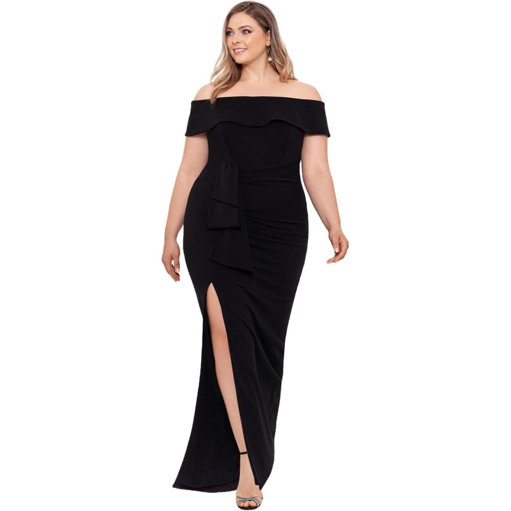 image:imageXscape Womens Plus Size Long Off The Shoulder Scuba Crepe Slit DressBlack