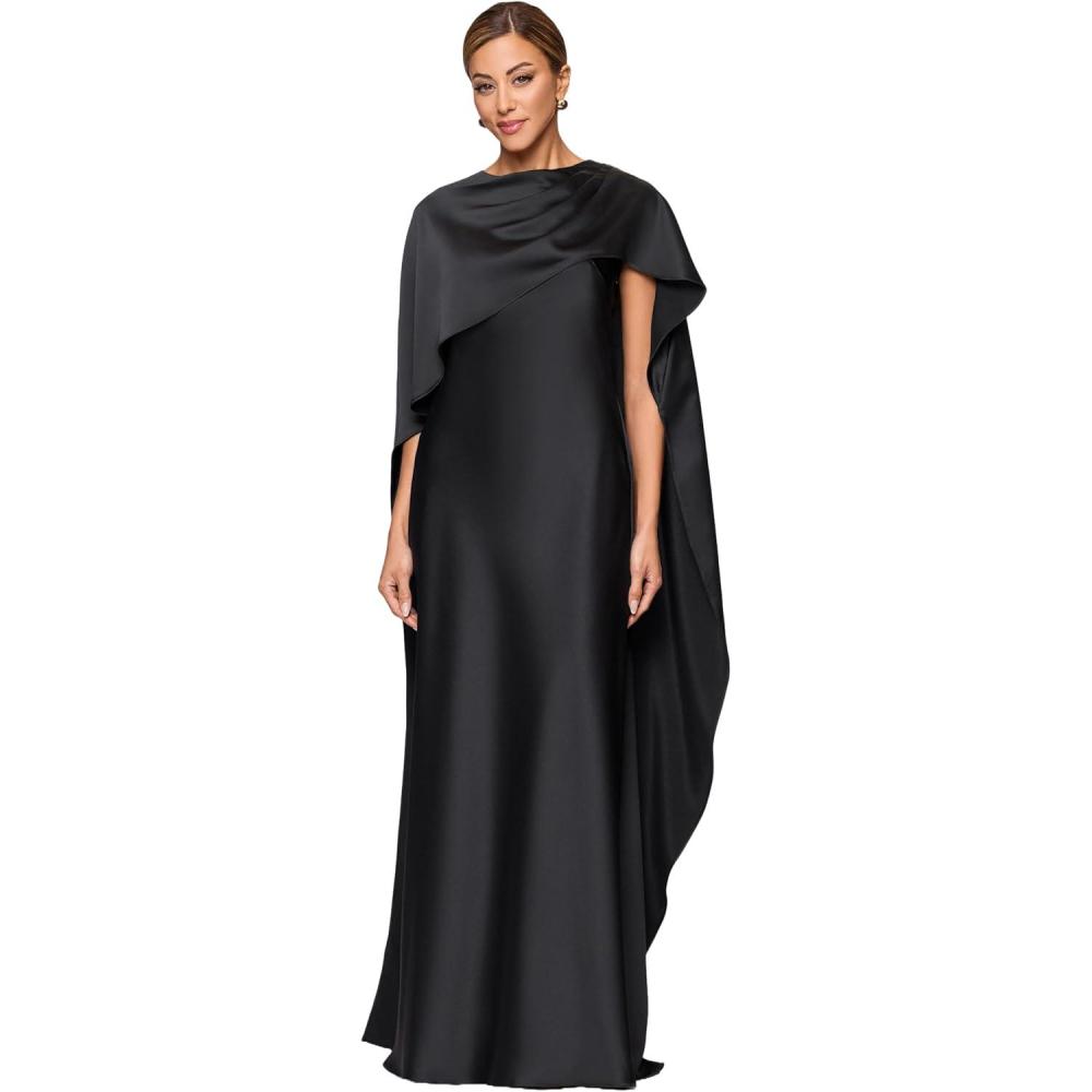 image:imageXscape Womens Satin Boat Neck Cape Overlay Floor Length DressBlack