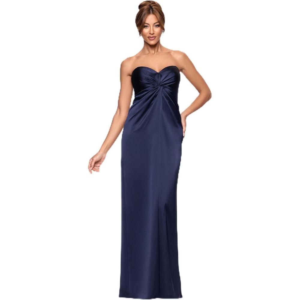 image:imageXscape Womens Satin Strapless Sweetheart Neckline Knotted Bodice Floor Length DressNavy