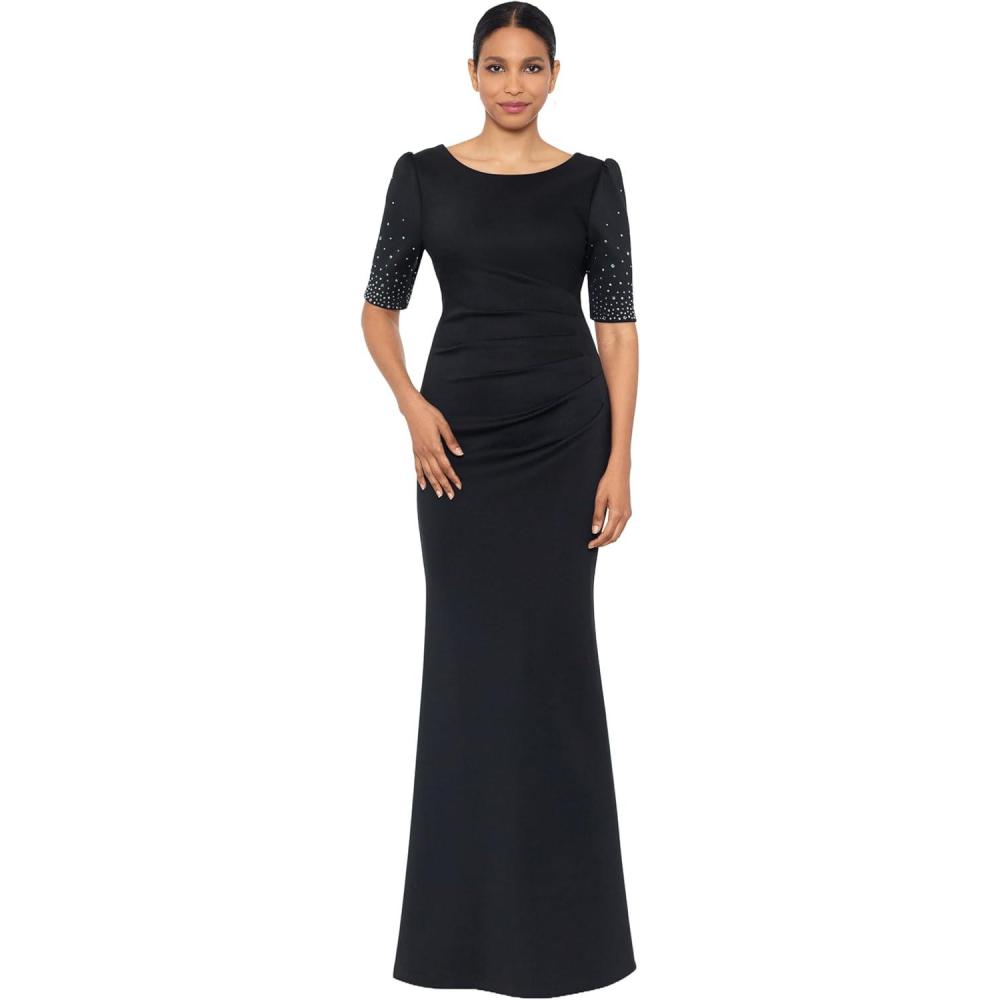 image:imageXscape Womens Scuba Bateau Neck Embellished Short Sleeve Floor Length DressBlack