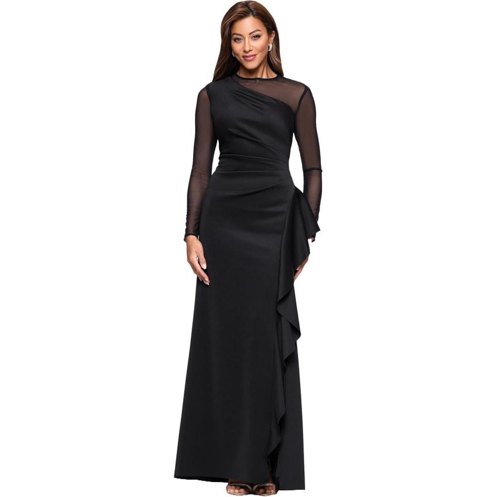 image:imageXscape Womens Scuba Crepe Illusion Neck Mesh Sleeve Ruffle Floor Length DressBlack