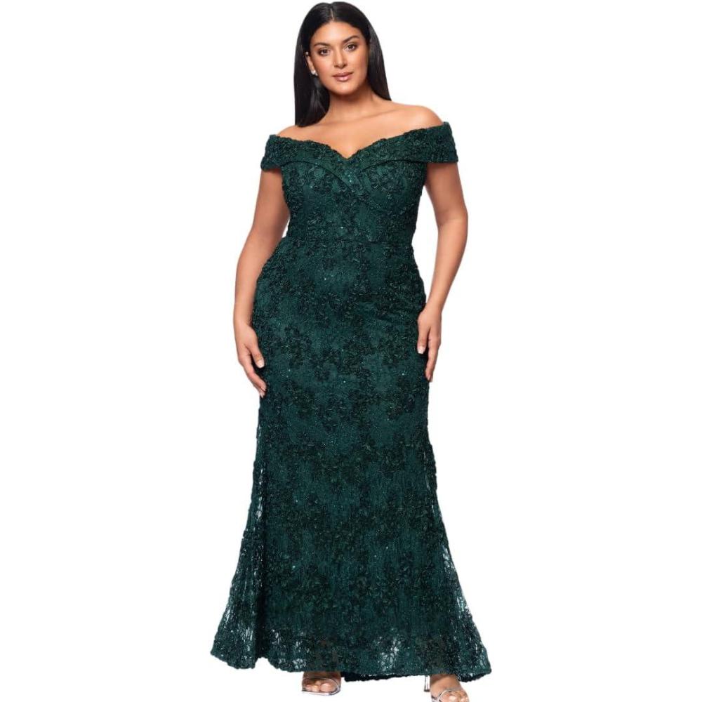 image:imageXscape Womens Xscape Womens FloorLength OffTheShoulder with Embellished Lace Detail and Fitted SilhouetteHunter Green