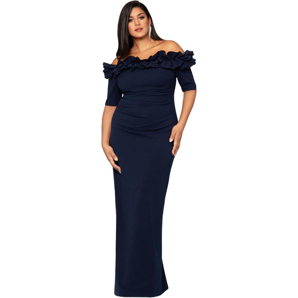 image:imageXscape Womens Xscape Womens OffTheShoulder FloorLength Scuba Crepe Gown with Ruffle Detail and Fitted Silhouette Plus