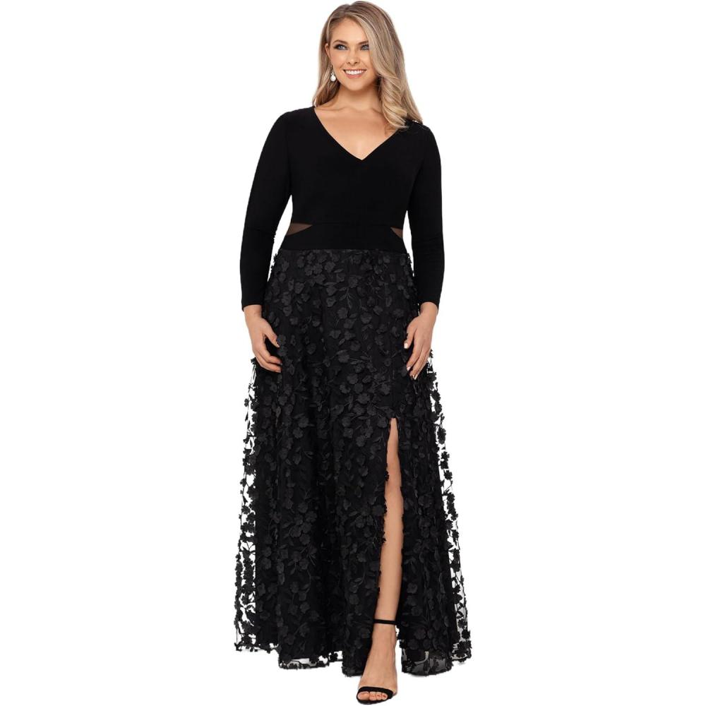image:imageXscape Womens Xscape Womens VNeck Long Sleeve FloorLength Gown with Cutouts High Slit and Floral Skirt PlusBlack