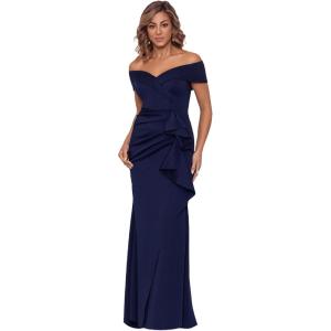 Xscape Women’s Long Off Shoulder Sweetheart Neck Side Ruffle Gown(Midnight)