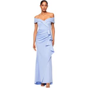 Xscape Women’s Long Off Shoulder Sweetheart Neck Side Ruffle Gown(Peri)
