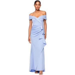 Xscape Women’s Long Off Shoulder Sweetheart Neck Side Ruffle Gown(Periwinkle)