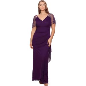 Xscape Womens Plus Size Long V-Neck Beaded Sleeve Jersey Dress(Plum)