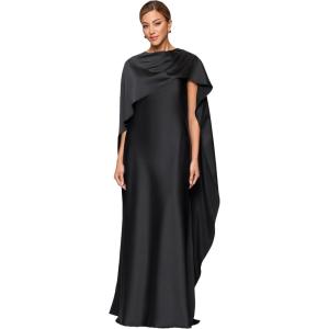 Xscape Women’s Satin Boat Neck Cape Overlay Floor Length Dress(Black)