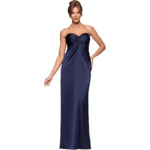 Xscape Women’s Satin Strapless Sweetheart Neckline Knotted Bodice Floor Length Dress(Navy)