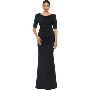 Xscape Women’s Scuba Bateau Neck Embellished Short Sleeve Floor Length Dress(Black)