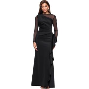 Xscape Women’s Scuba Crepe Illusion Neck Mesh Sleeve Ruffle Floor Length Dress(Black)