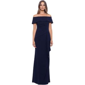 Xscape Women’s Xscape Women’s Floor-Length, Off-The-Shoulder, with Draped Detail and Fitted Silhouette(Navy)