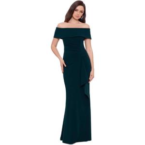 Xscape Women’s Xscape Women’s Floor-Length, Off-The-Shoulder, with Draped Detail and Fitted Silhouette(Pine)