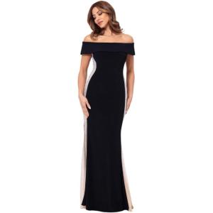 Xscape Women’s Xscape Women’s Floor-Length, Off-The-Shoulder, with Sheer Side Panels and Fitted Silhouette(Black Nude Silver)