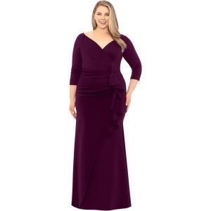 Xscape Women’s Xscape Women’s V-Neck, Three-Quarter Sleeve, Floor-Length Gown with Draped Ruffle Detail and Fitted Silhouette (Plus)