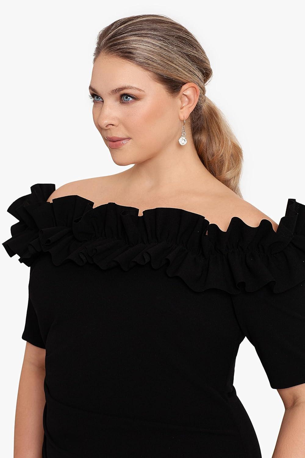 image:imageXscape Womens KneeLength OffTheShoulder with Ruffled Neckline and Fitted Silhouette PlusBlack