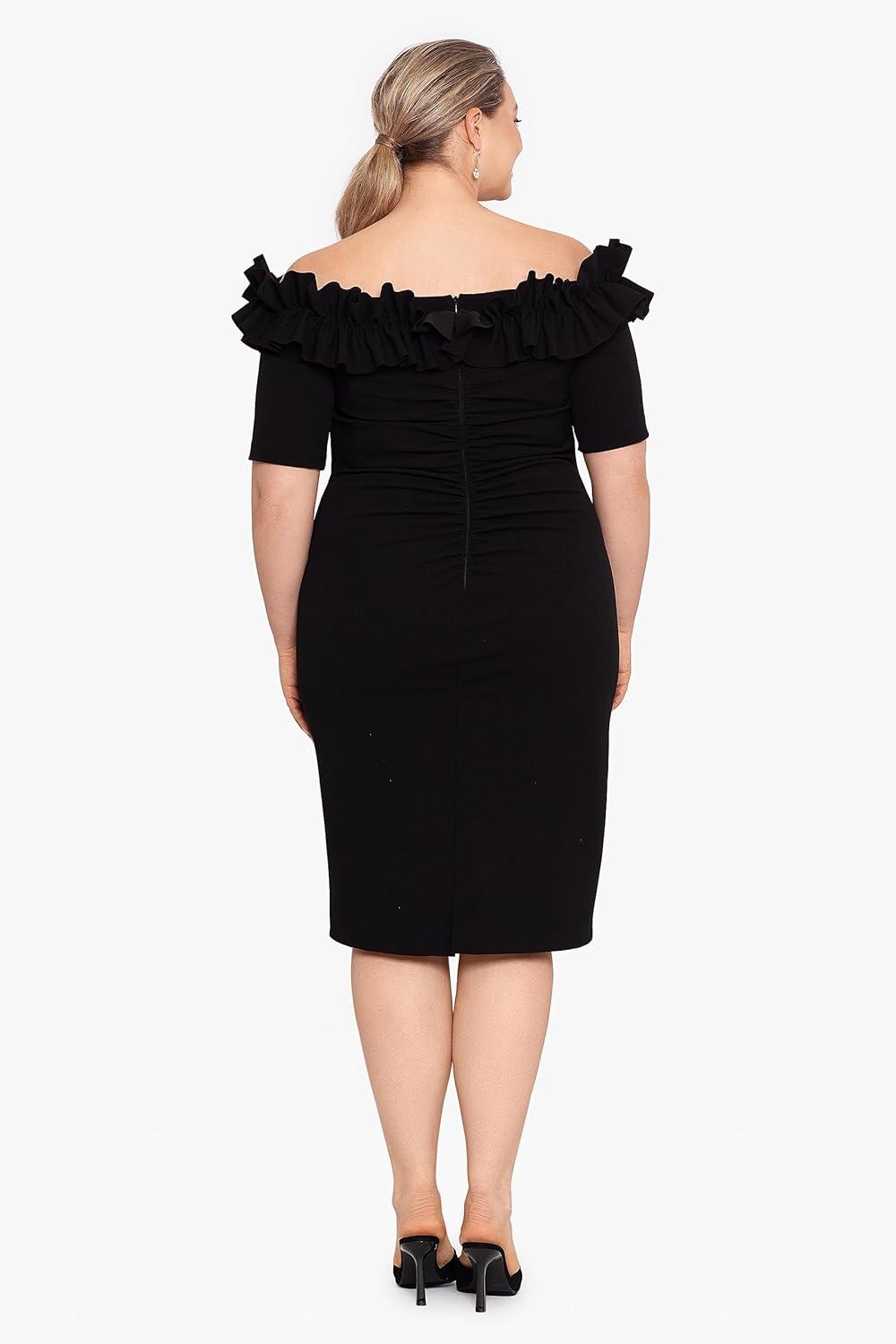 image:imageXscape Womens KneeLength OffTheShoulder with Ruffled Neckline and Fitted Silhouette PlusBlack