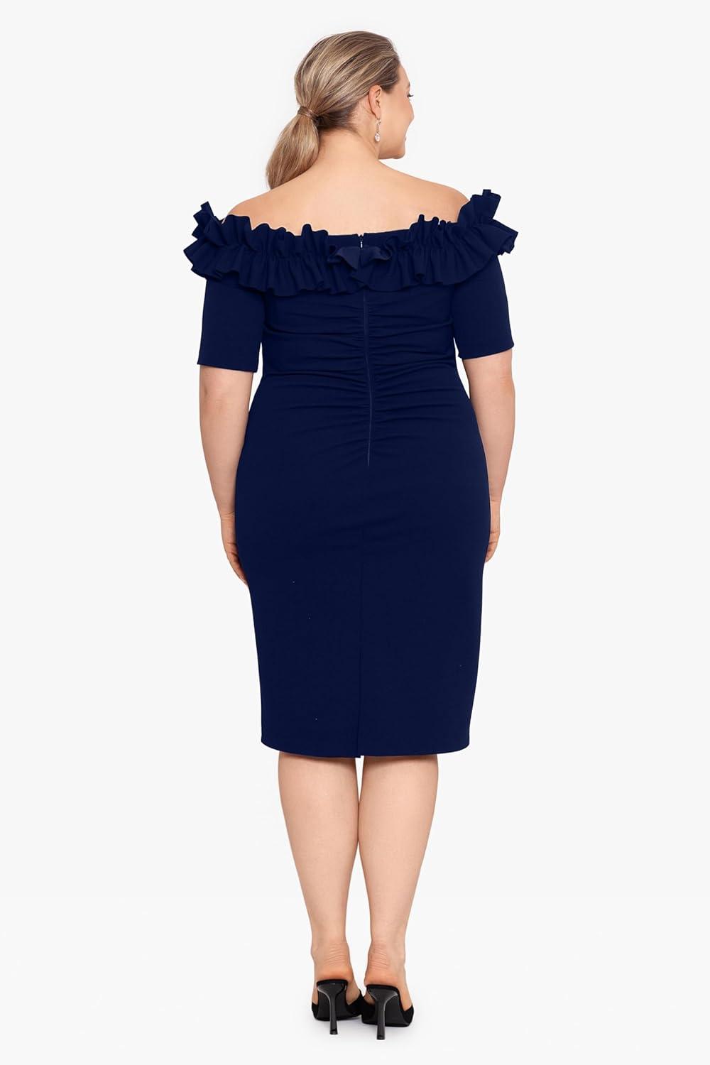 image:imageXscape Womens KneeLength OffTheShoulder with Ruffled Neckline and Fitted Silhouette PlusNavy