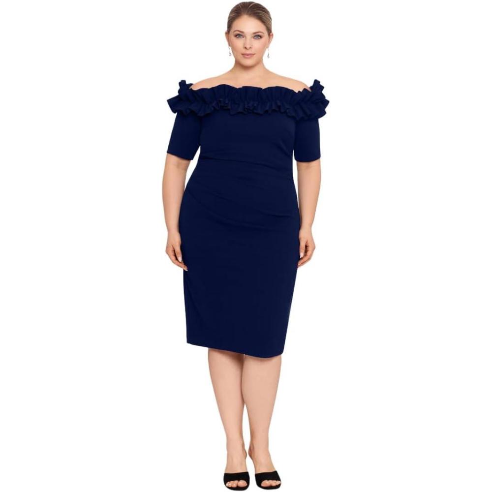 image:imageXscape Womens KneeLength OffTheShoulder with Ruffled Neckline and Fitted Silhouette PlusNavy