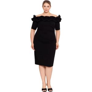Xscape Women’s Knee-Length, Off-The-Shoulder, with Ruffled Neckline and Fitted Silhouette (Plus)(Black)