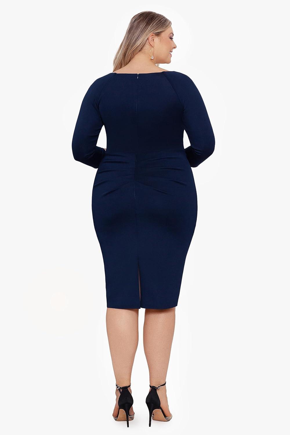 image:imageXscape Womens Plus Size Midi VNeck 34 Sleeve Side Ruched Dress Midnight 20W