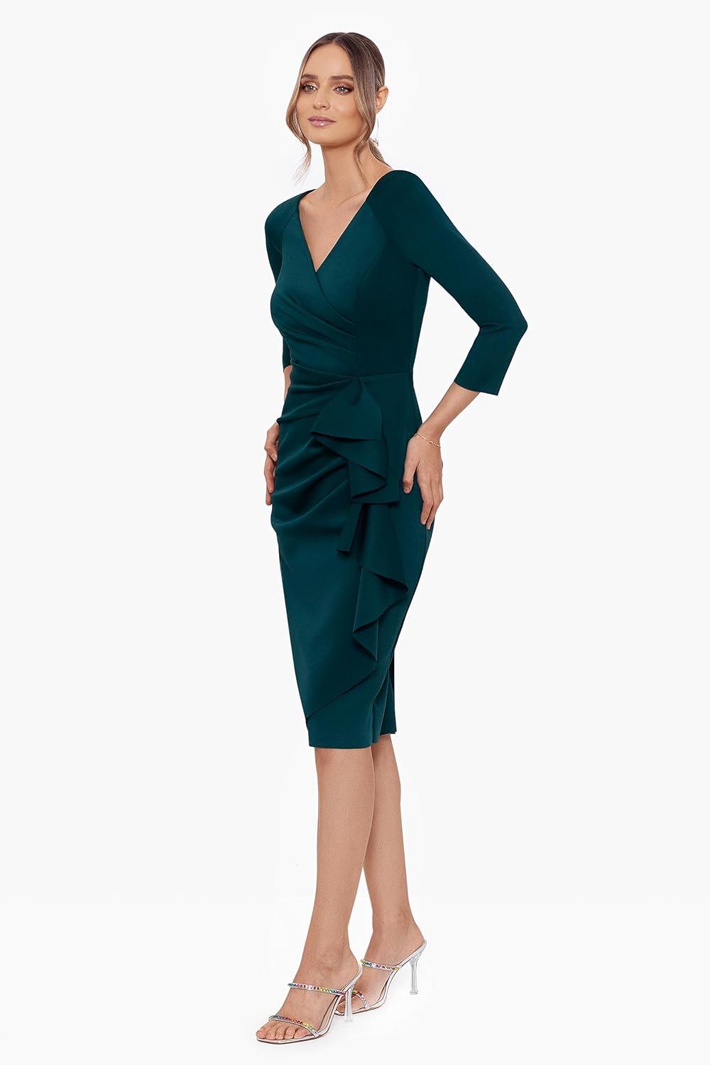 image:imageXscape Womens Xscape Womens Short Scuba Crepe Dress with Long Sleeves and Ruffle DetailHunter