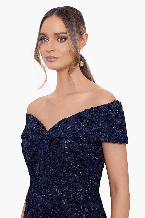 image:imageXscape Womens Xscape Womens Velvet Sweetheart Neck Off Shoulder Leg Slit Floor Length DressGoldSilver