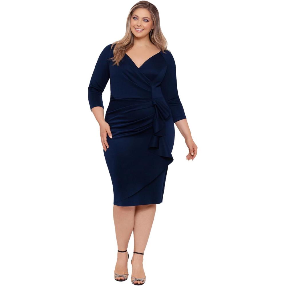 image:imageXscape Womens Plus Size Midi VNeck 34 Sleeve Side Ruched Dress Midnight 20W