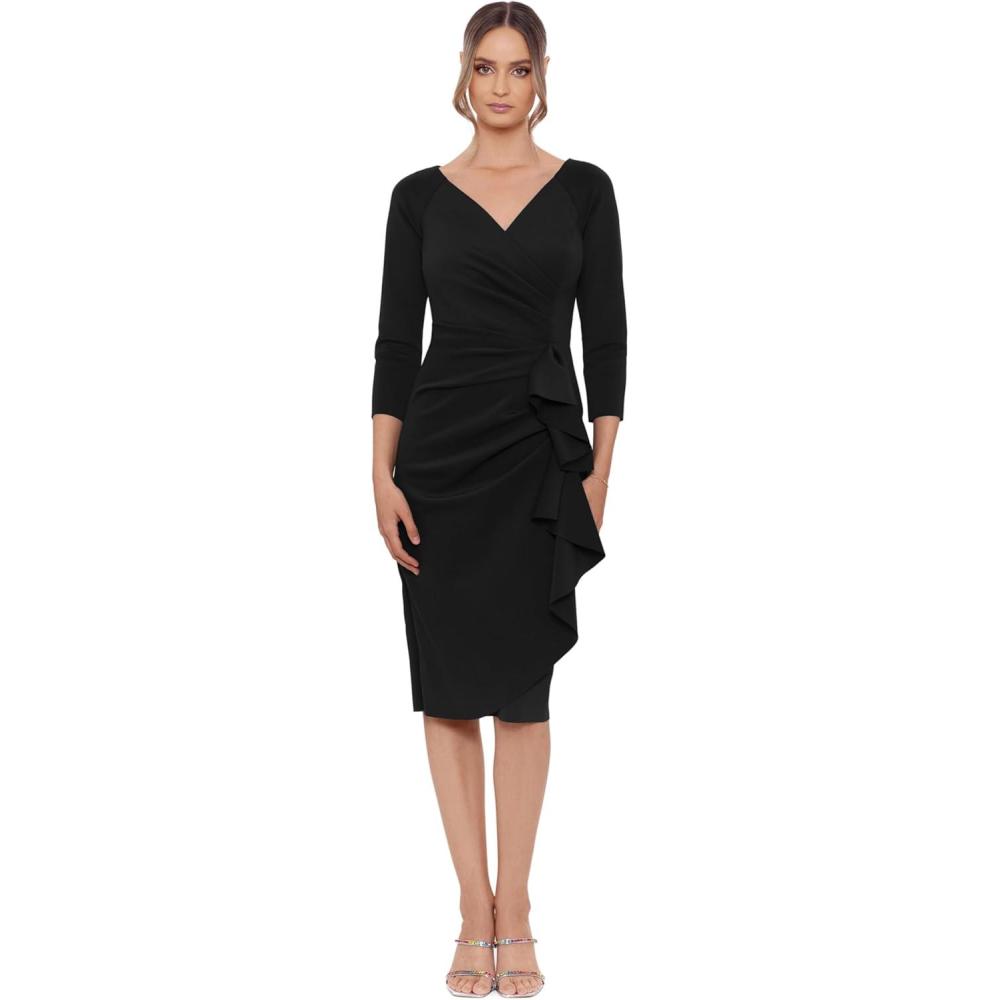image:imageXscape Womens Xscape Womens Short Scuba Crepe Dress with Long Sleeves and Ruffle DetailBlack