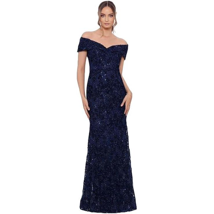 image:imageXscape Womens Xscape Womens Velvet Sweetheart Neck Off Shoulder Leg Slit Floor Length DressGoldSilver