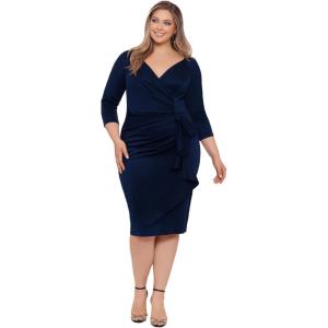 Xscape Women’s Plus Size Midi V-Neck 3/4 Sleeve Side Ruched Dress, Midnight, 20W