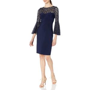 Xscape Women’s Short Ity Dress W/Flounce Lace Sleeve(Navy)
