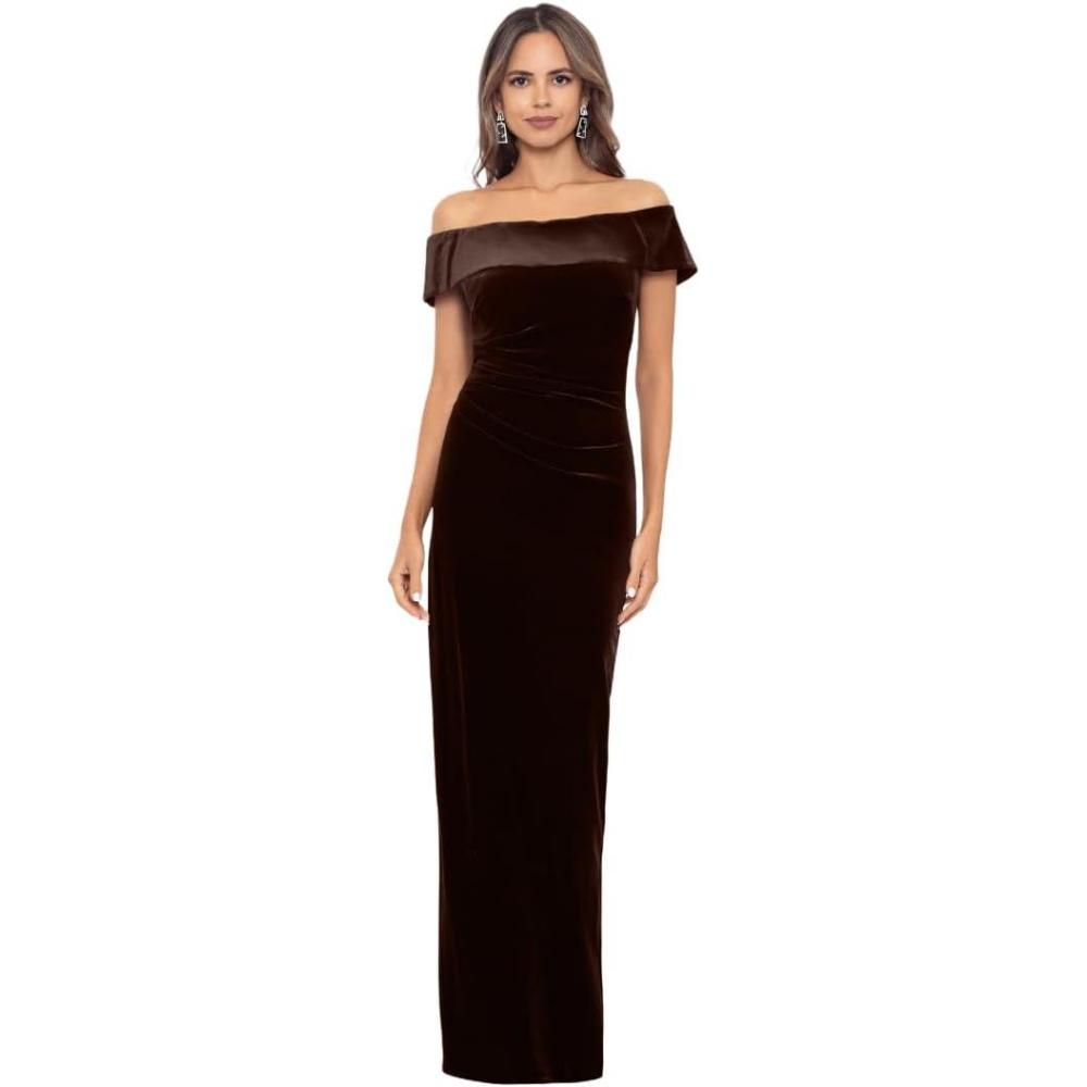 image:imageXscape Womens Velvet OffTheShoulder Popover Maxi Dress with Zippered Back Closure Brown 8