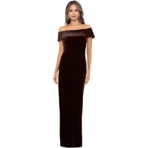 Xscape Women’s Velvet Off-The-Shoulder Popover Maxi Dress with Zippered Back Closure, Brown, 8