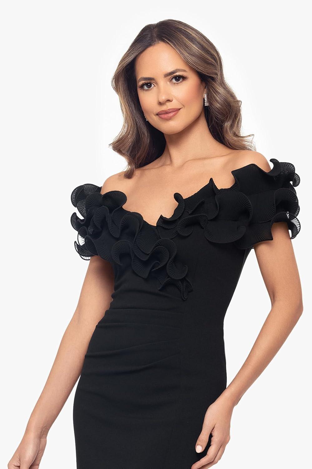 image:imageXscape Womens Xscape Womens Velvet Sweetheart Neck Off Shoulder Leg Slit Floor Length DressBlack