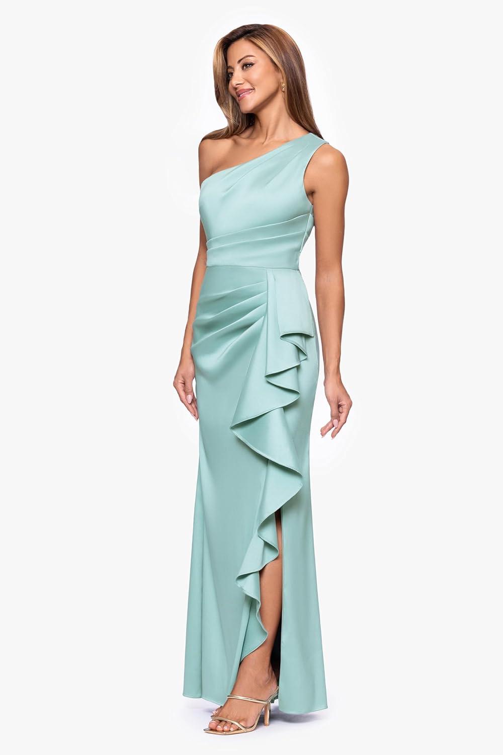 image:imageXscape Womens Mikado One Shoulder Ruffle Draped Floor Length Dress PetiteSage