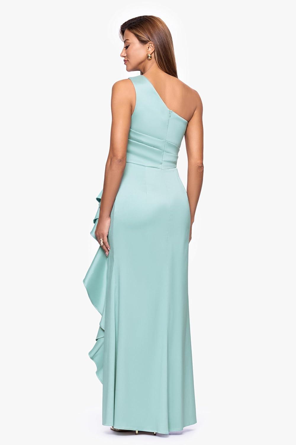 image:imageXscape Womens Mikado One Shoulder Ruffle Draped Floor Length Dress PetiteSage
