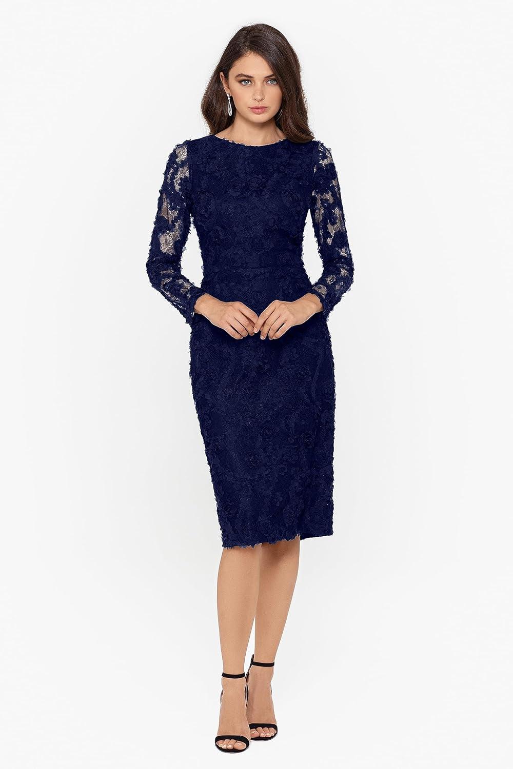 image:imageXscape Womens Long Sleeve Raised Floral Lace Midi Length Dress Reg and Petite Navy 14