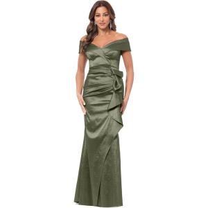 Xscape Women’s Off-The-Shoulder Sweetheart Neck Taffeta Gown with Side Sweep Detail, Olive, 8