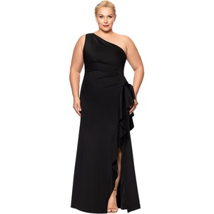 Xscape Women’s Floor Length One Shoulder Ruched Waist with Ruffle Bodice Evening Dress with Side Slit, Black, 20W