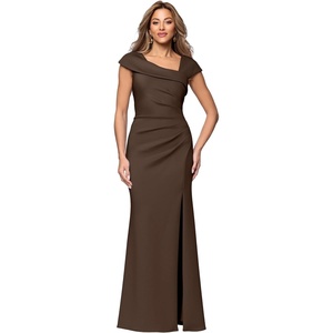 Xscape Women’s Long Bodycon Formal Evening Gown with Cap Sleeves, Asymmetrical Neckline, Ruched Bodice and Front Slit(Brown)