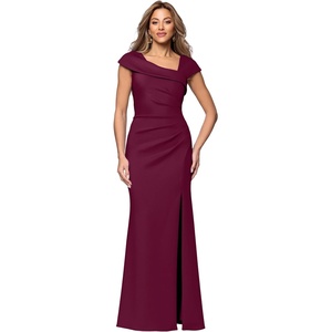 Xscape Women’s Long Bodycon Formal Evening Gown with Cap Sleeves, Asymmetrical Neckline, Ruched Bodice and Front Slit(Raisin)