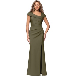 Xscape Women’s Asymmetrical Neck Cap Sleeve Ruched High Slit Gown (Petite)(Olive)