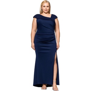 Xscape Women’s Asymmetrical Neck Cap Sleeve Ruched High Slit Gown (Petite)(Plum)